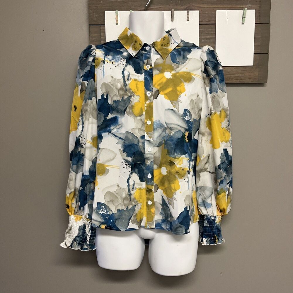 SHEIN Vibrant Floral Collared Button Down Blouse Elastic Wrist Puff Shoulder Lrg